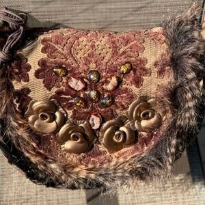 Sharif 1827 Tapestry & Leather Shoulder Bag Fur Flower Boho NWOT